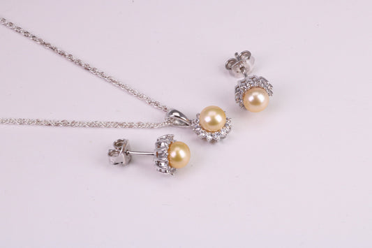 Natural Yellow Pearl and Cubic Zirconia set Necklace and Matching Earrings, set in Solid Silver