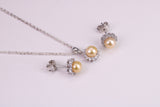 Natural Yellow Pearl and Cubic Zirconia set Necklace and Matching Earrings, set in Solid Silver