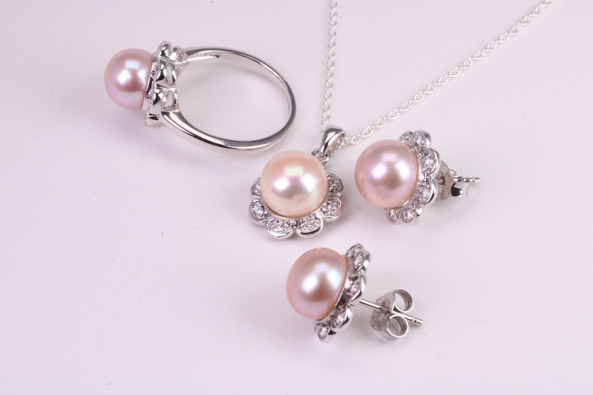 Natural Pearl and Cubic Zirconia set Necklace, Ring and Matching Earrings, set in Solid Silver