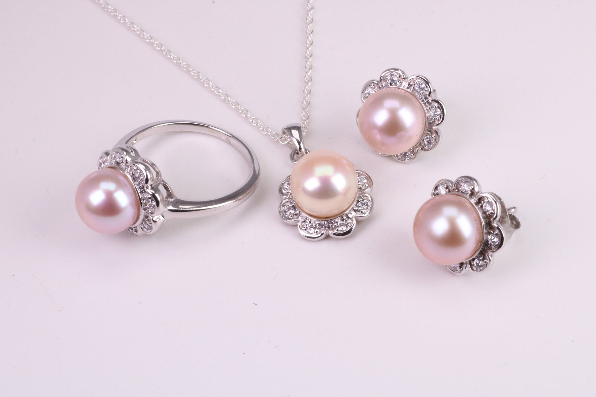 Natural Pearl and Cubic Zirconia set Necklace, Ring and Matching Earrings, set in Solid Silver