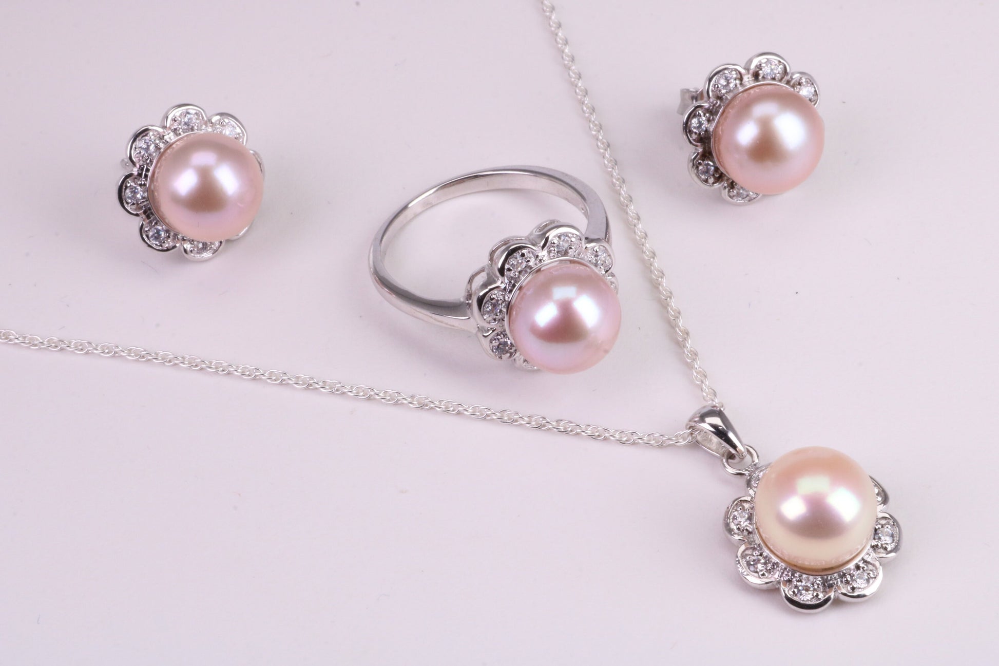 Natural Pearl and Cubic Zirconia set Necklace, Ring and Matching Earrings, set in Solid Silver