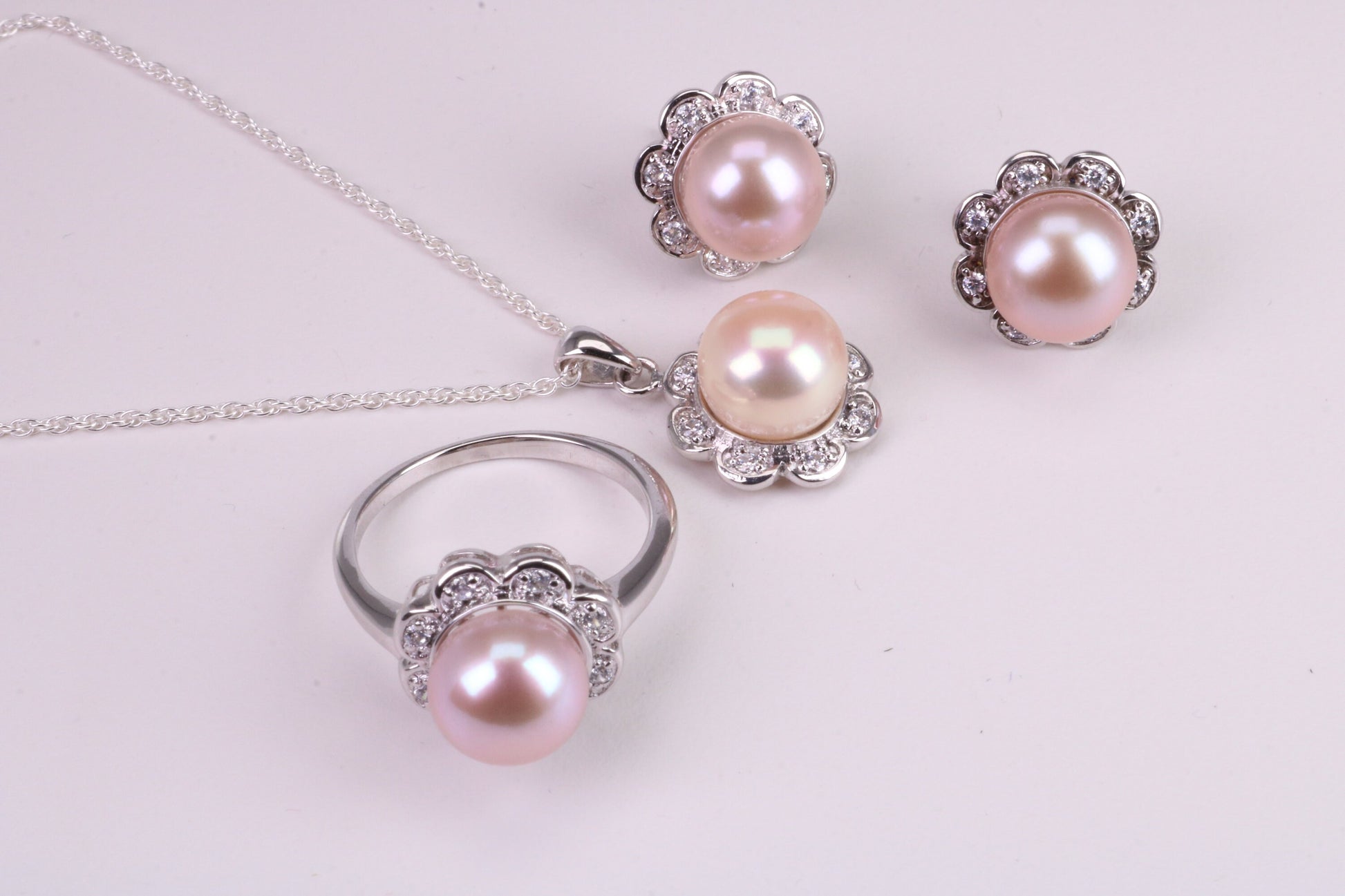 Natural Pearl and Cubic Zirconia set Necklace, Ring and Matching Earrings, set in Solid Silver