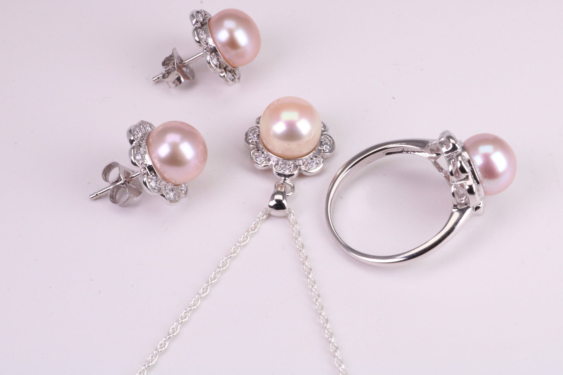 Natural Pearl and Cubic Zirconia set Necklace, Ring and Matching Earrings, set in Solid Silver