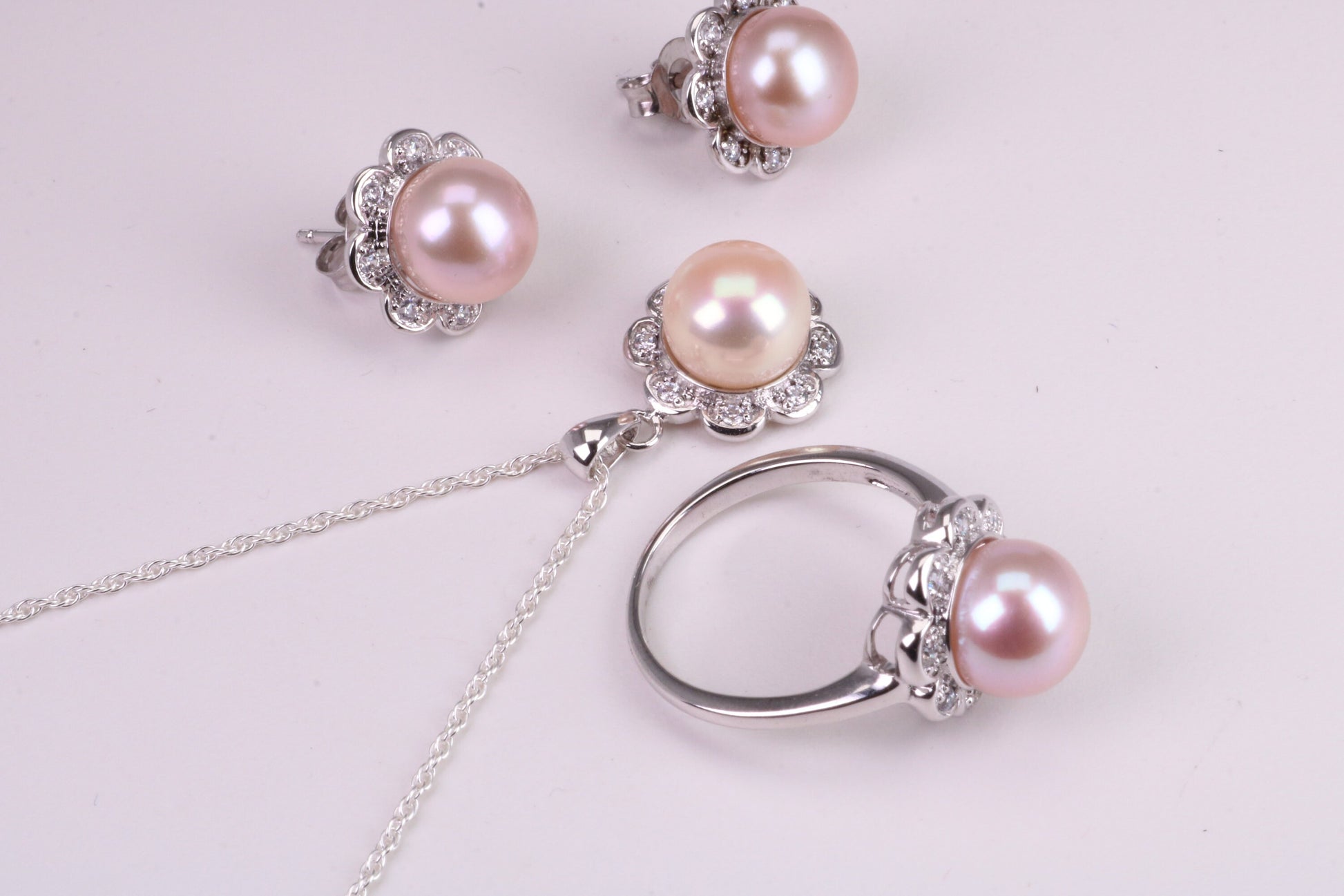 Natural Pearl and Cubic Zirconia set Necklace, Ring and Matching Earrings, set in Solid Silver