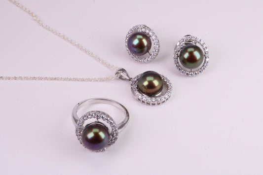 Natural Pearl and Cubic Zirconia set Necklace, Ring and Matching Earrings, set in Solid Silver