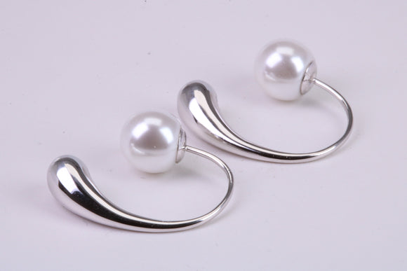 Natural Pearl set Dropper Hoop Earrings, set in Solid Silver