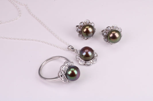 Natural Black Pearl and Cubic Zirconia set Necklace, Ring and Matching Earrings, set in Solid Silver
