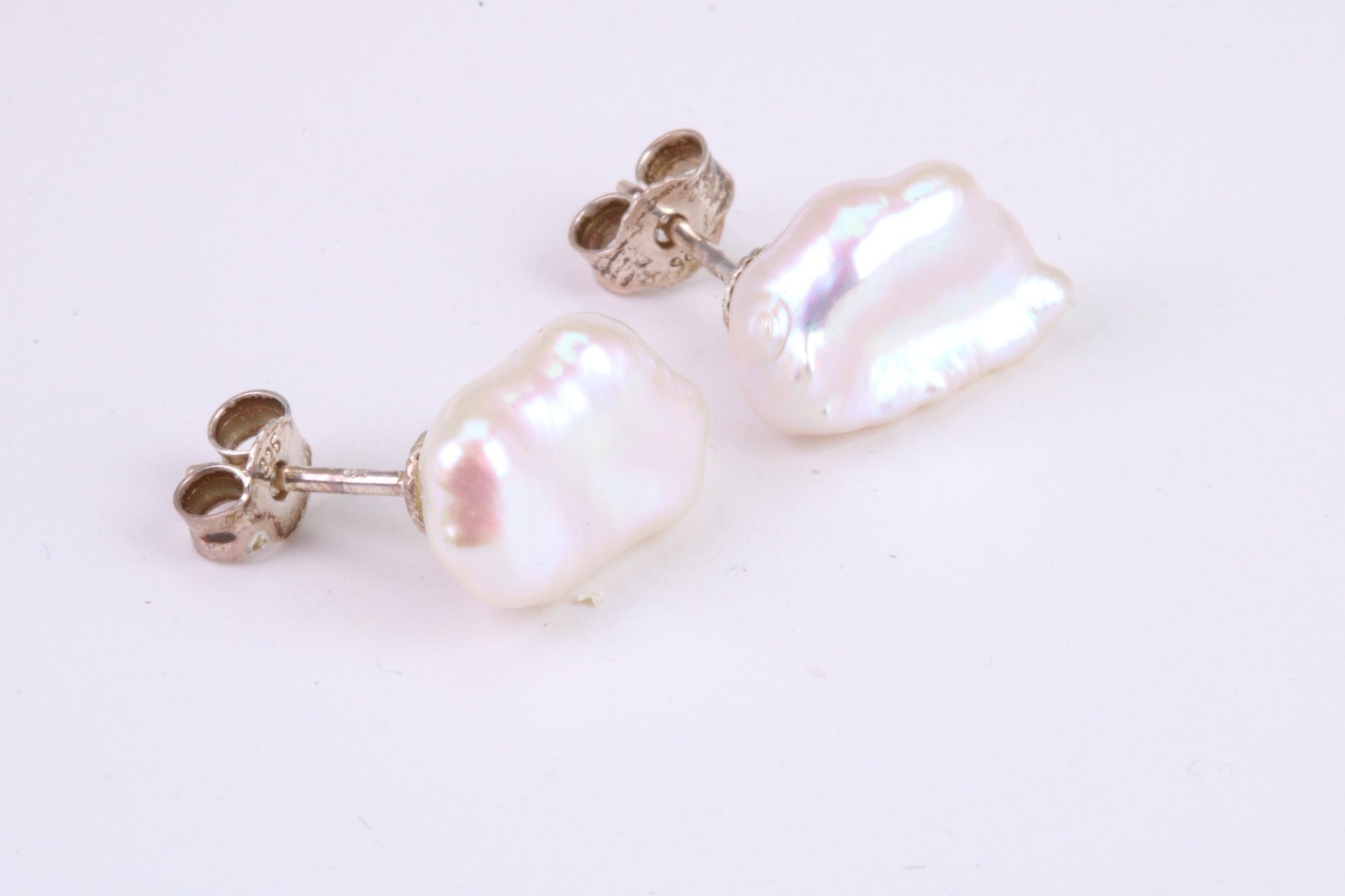 Freeform Natural Pearl Stud Earrings, set in Solid Silver