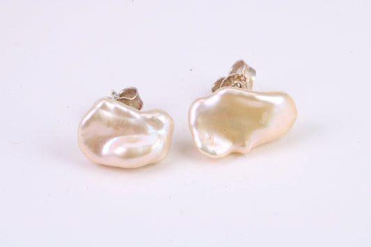 Freeform Natural Pearl Stud Earrings, set in Solid Silver