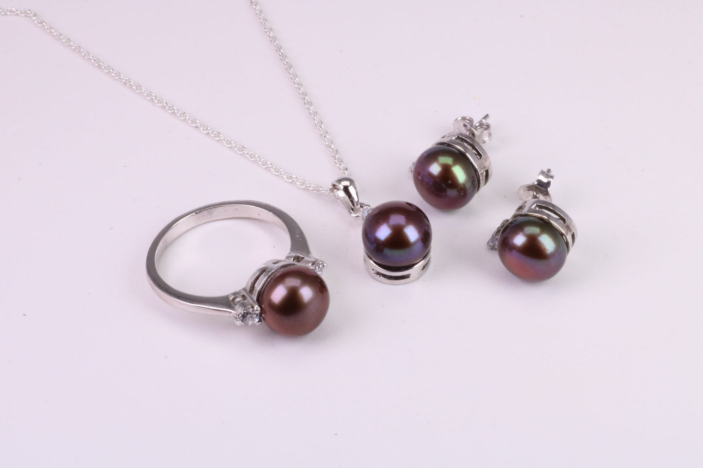 Natural Black Pearl and Cubic Zirconia set Necklace, Ring and Matching Earrings, set in Solid Silver