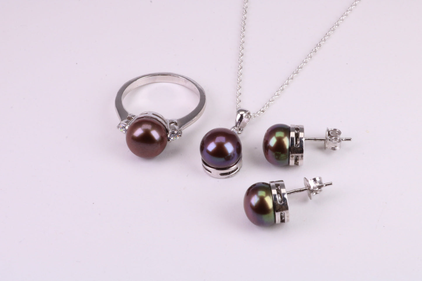 Natural Black Pearl and Cubic Zirconia set Necklace, Ring and Matching Earrings, set in Solid Silver