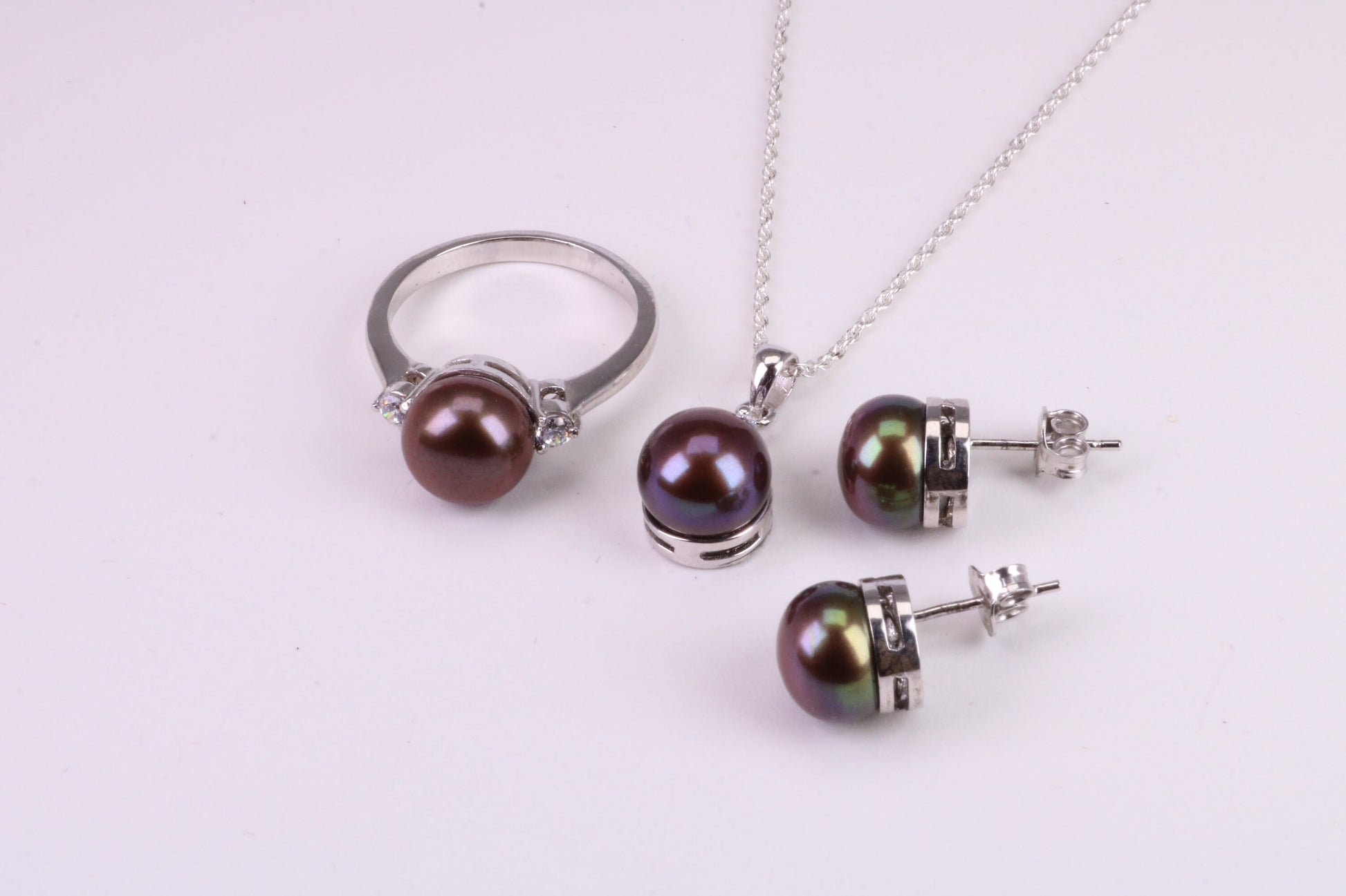 Natural Black Pearl and Cubic Zirconia set Necklace, Ring and Matching Earrings, set in Solid Silver