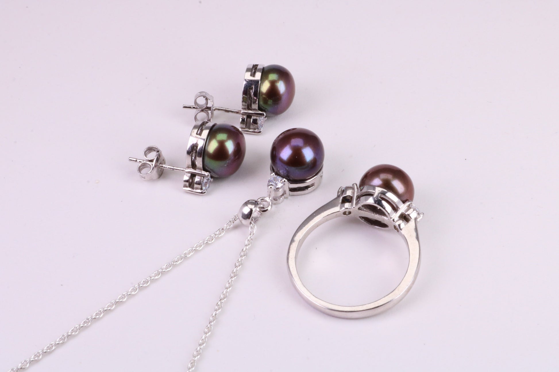 Natural Black Pearl and Cubic Zirconia set Necklace, Ring and Matching Earrings, set in Solid Silver