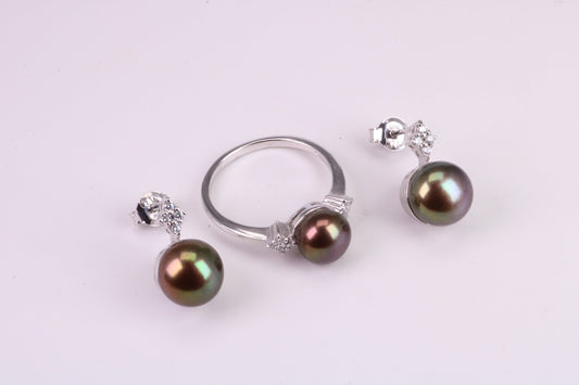 Natural Black Pearl and Cubic Zirconia set Ring and Matching Earrings, set in Solid Silver