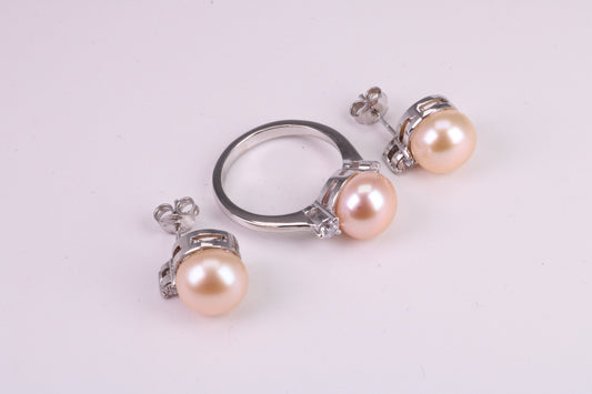 Natural Pearl and Cubic Zirconia set Ring and Matching Earrings, set in Solid Silver
