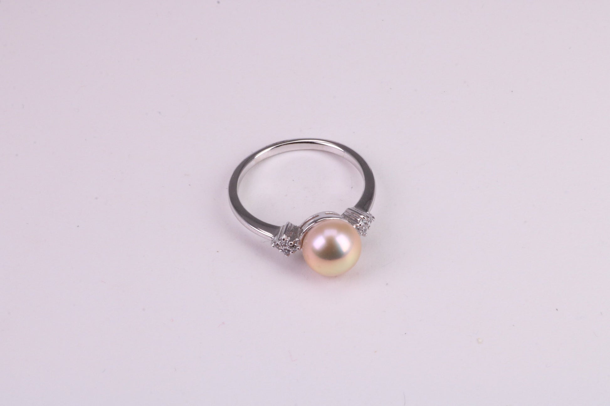 Natural Pearl and Cubic Zirconia set Ring, set in Solid Silver