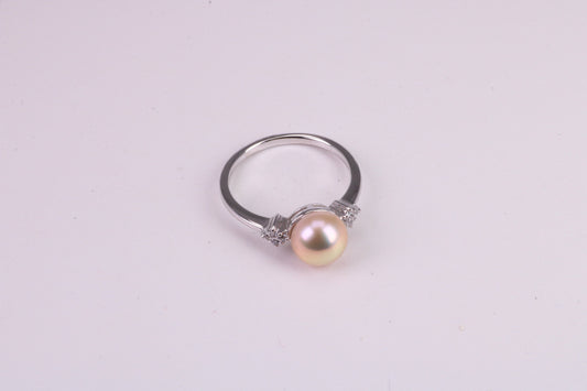 Natural Pearl and Cubic Zirconia set Ring, set in Solid Silver