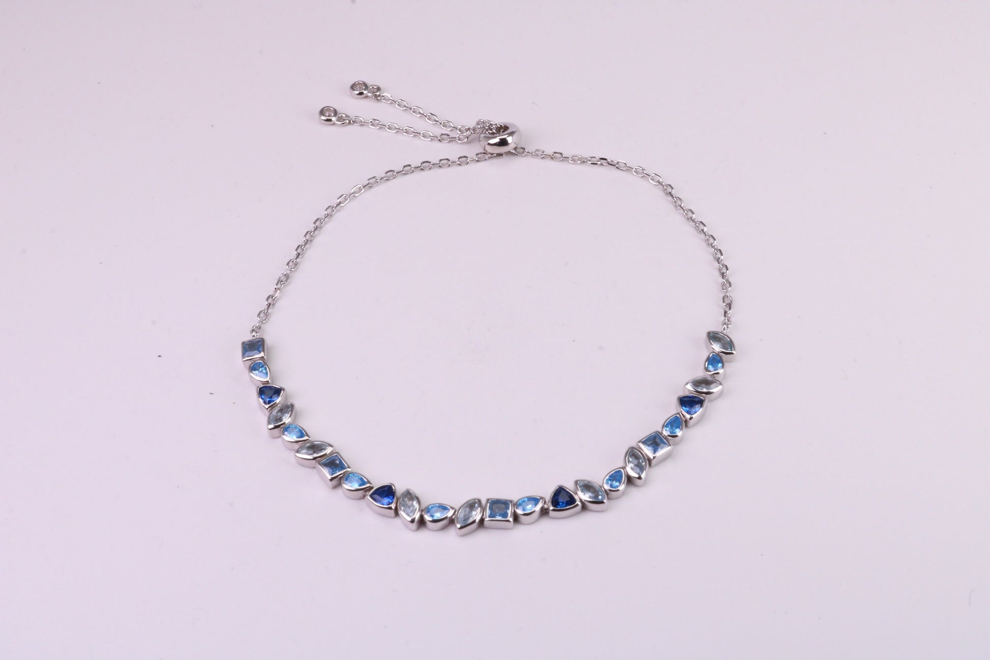 Blue Sapphire, Aquamarine and Topaz C Z Set Bracelet, Length Adjustable Chain, Made from solid Sterling Silver