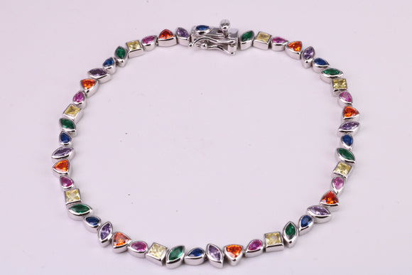 Rainbow Colour Cubic Zirconia Set Bracelet, 7.50 inch Length, Made from solid Sterling Silver