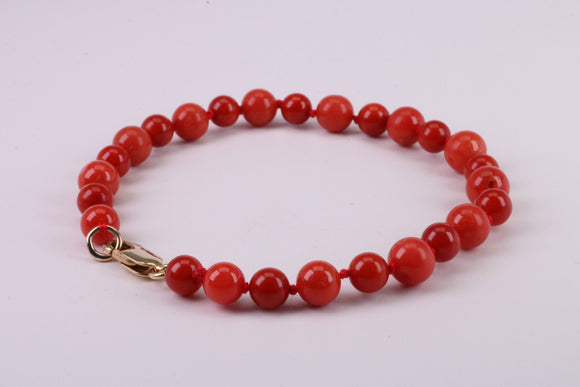 Natural Red Coral Bracelet with Solid Yellow Gold Lobster Claw Lock