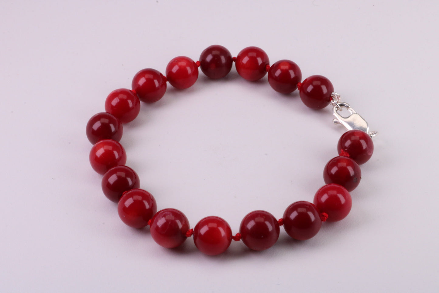 Natural 10 mm Round Red Coral Bracelet with Solid Silver Lobster Claw Lock