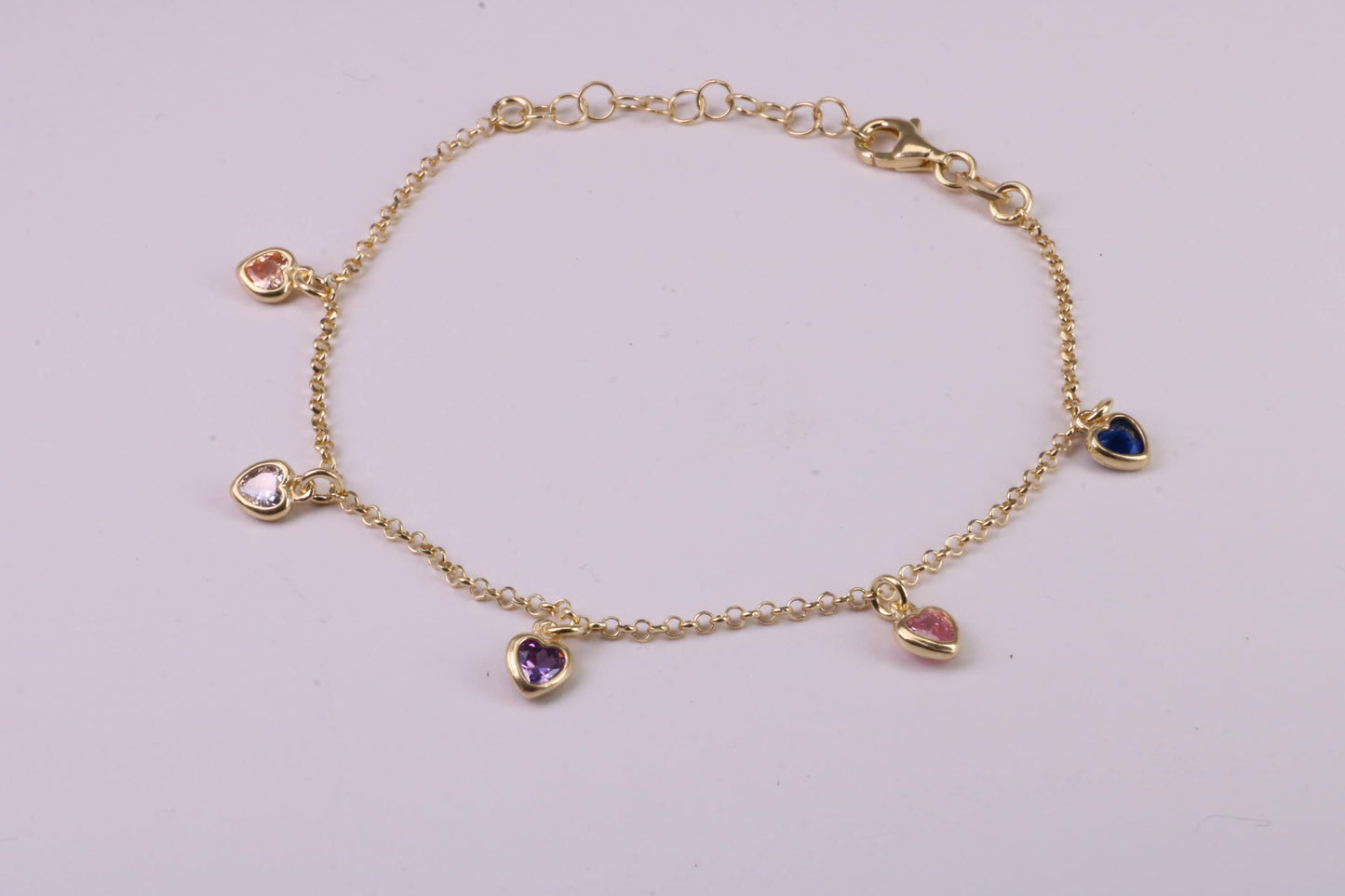 Rainbow Dainty Love Hearts Bracelet, With Length Adjustable Chain, Made from solid Sterling Silver and Further 18ct Yellow Gold Plated