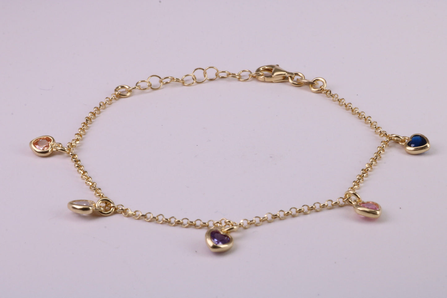 Rainbow Dainty Love Hearts Bracelet, With Length Adjustable Chain, Made from solid Sterling Silver and Further 18ct Yellow Gold Plated