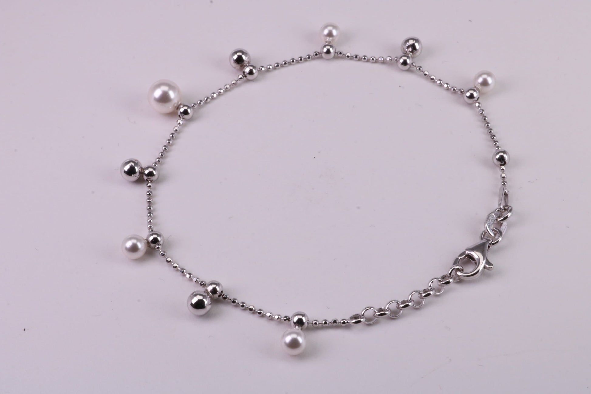 Pearl and Plain Bead Bracelet, With Length Adjustable Chain, Made from solid Sterling Silver