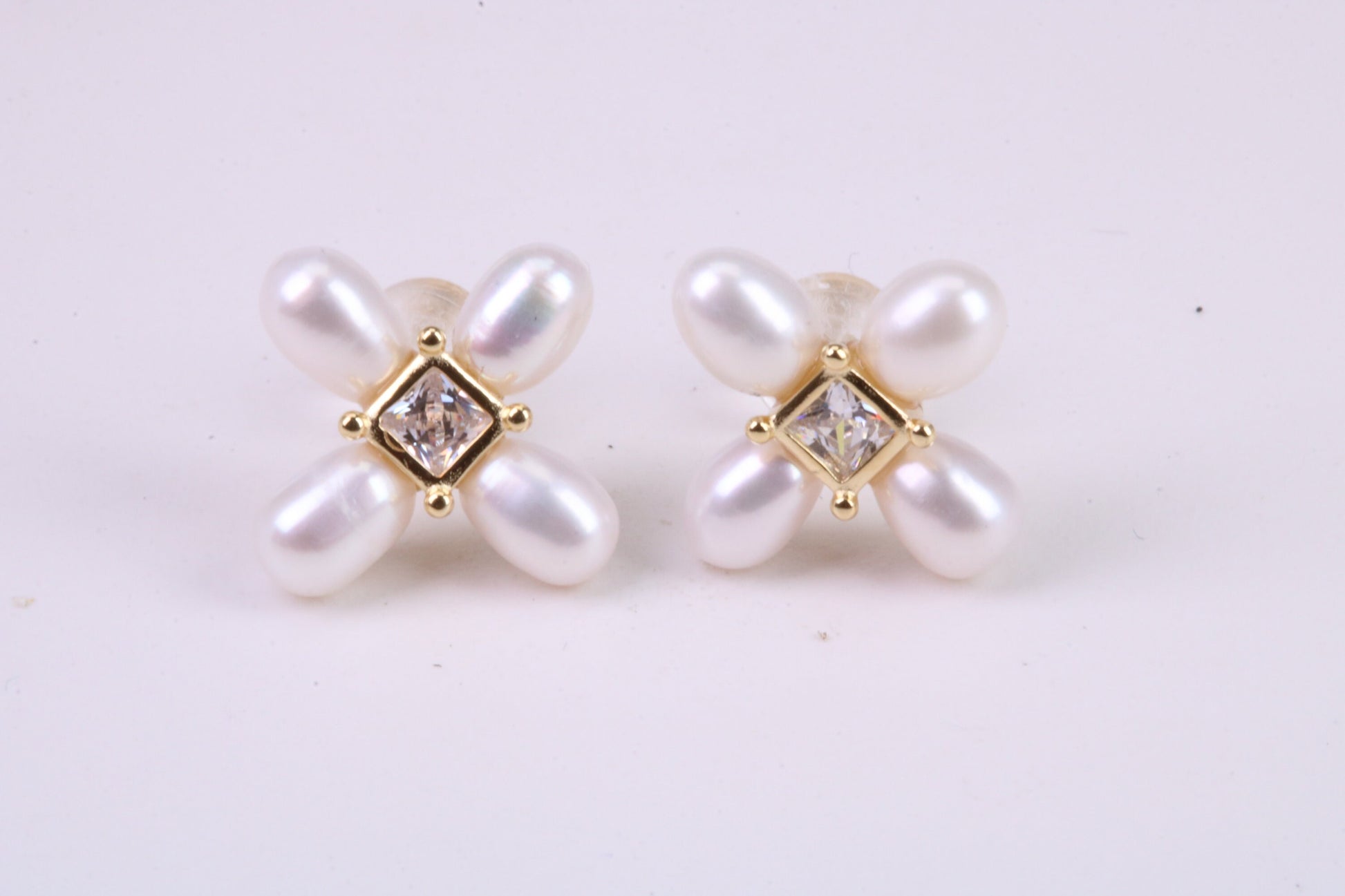 Natural Rice Pearl and Cubic Zirconia set Stud Earrings, set in Solid Silver, 18ct Yellow Gold Pated