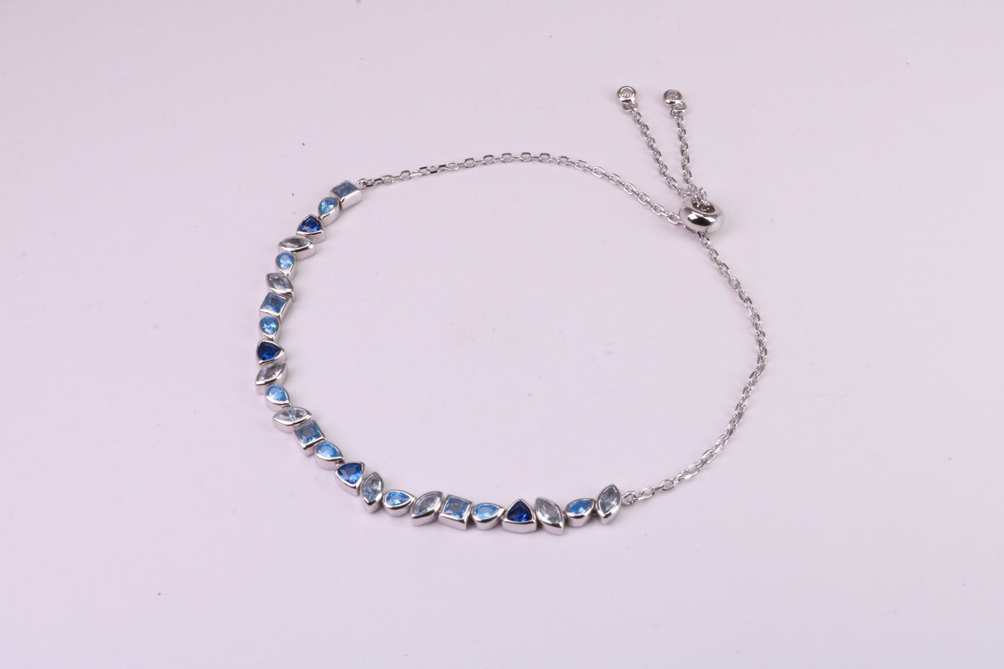 Blue Sapphire, Aquamarine and Topaz C Z Set Bracelet, Length Adjustable Chain, Made from solid Sterling Silver