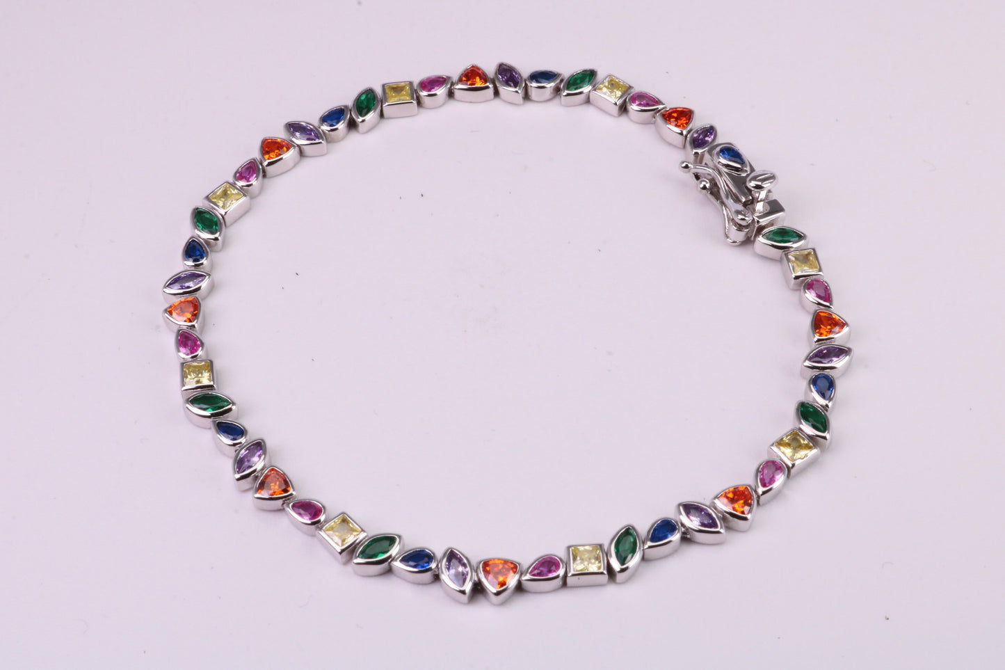 Rainbow Colour Cubic Zirconia Set Bracelet, 7.50 inch Length, Made from solid Sterling Silver