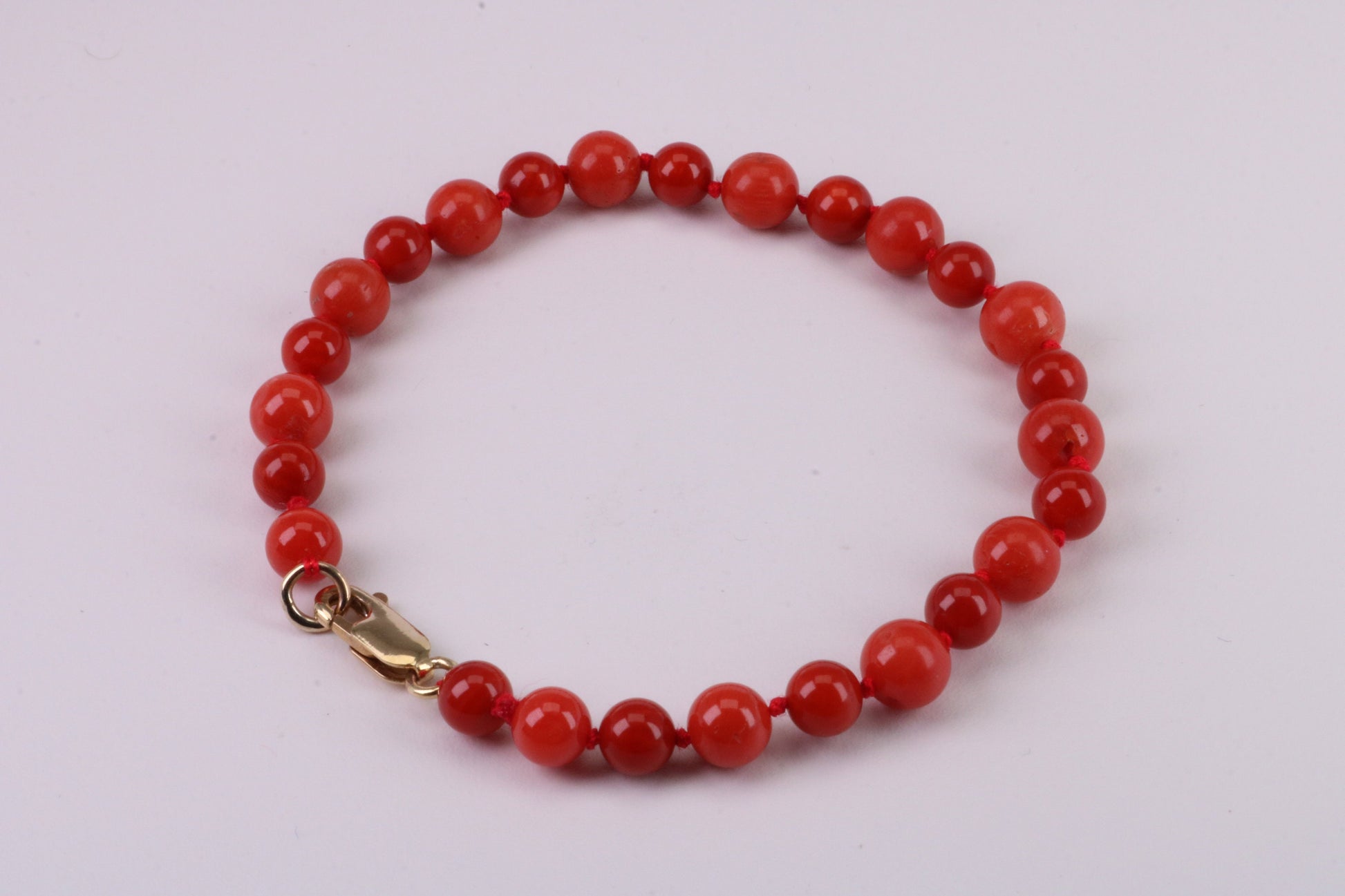 Natural Red Coral Bracelet with Solid Yellow Gold Lobster Claw Lock