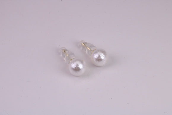 Natural 8 mm Round Pearl set Stud Earrings, set in Solid Silver, 18ct Yellow Gold Pated, Comfortable Rubber Backings
