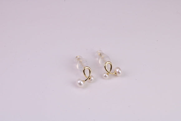 Natural Round Pearl set Stud Earrings, set in Solid Silver, 18ct Yellow Gold Pated, Comfortable Rubber Backings