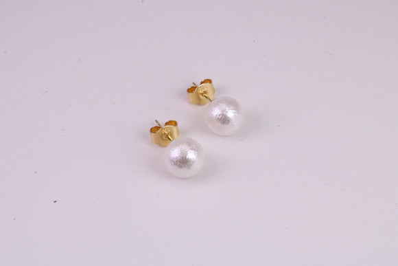 Natural 8 mm Round Pearl set Stud Earrings, set in Solid Silver, 18ct Yellow Gold Pated
