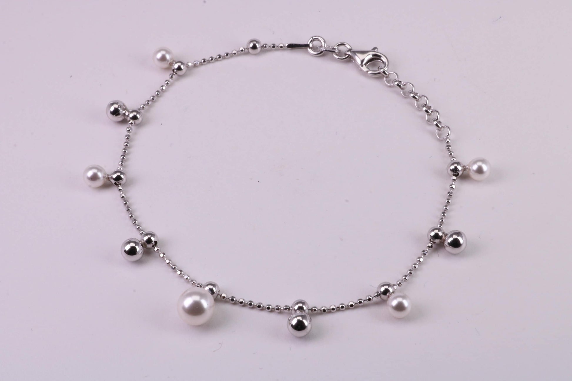 Pearl and Plain Bead Bracelet, With Length Adjustable Chain, Made from solid Sterling Silver